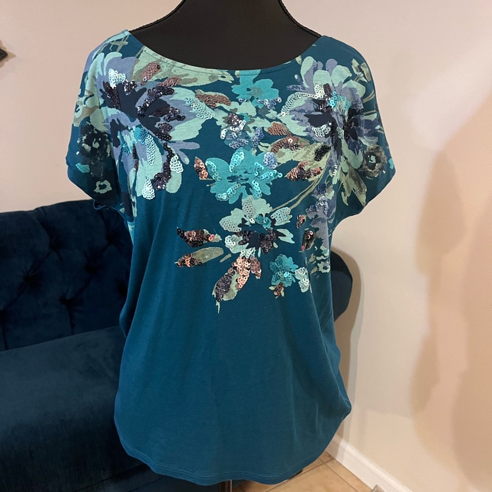 Express Dreamweight Cotton Tee in Teal Blue with Floral Sequin Details